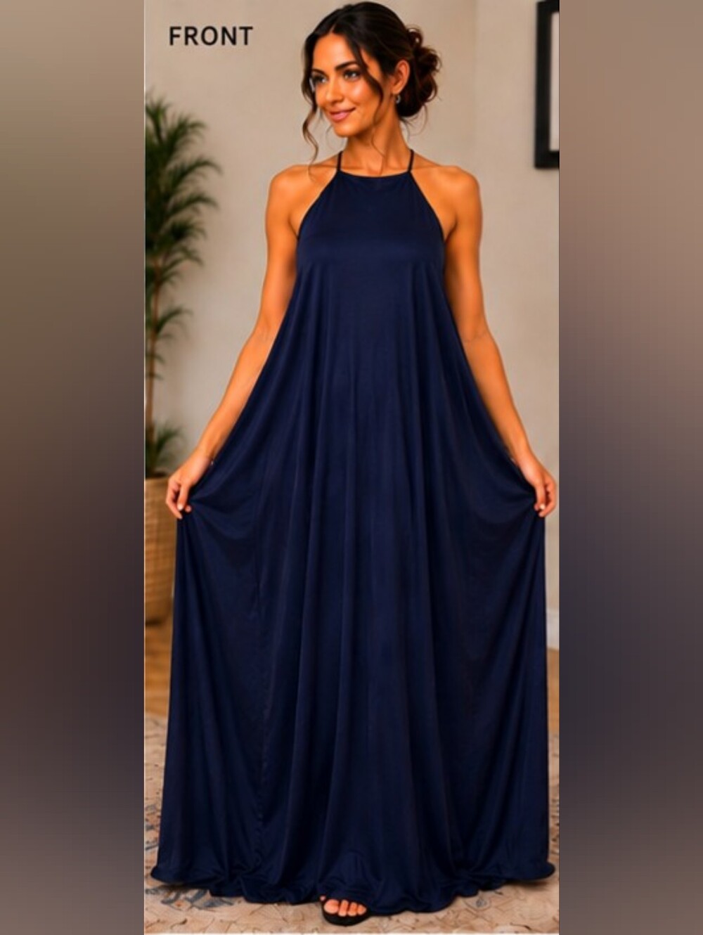 Halter Neck Navy Maxi Dress - Elegant Flowing Silhouette